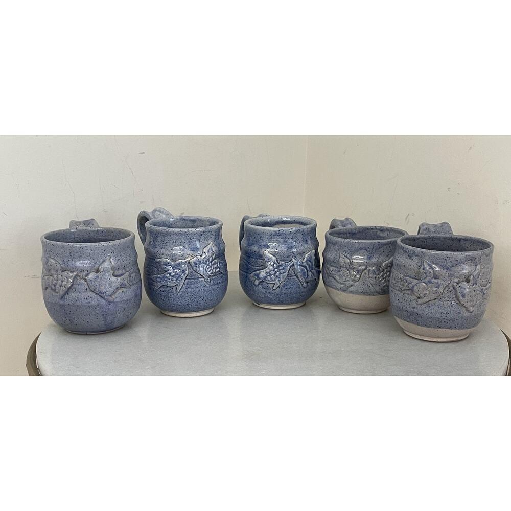 5 Studio Art Blue Glazed Birds Pottery Mugs Coffee Tea Rustic Hand Made Artist